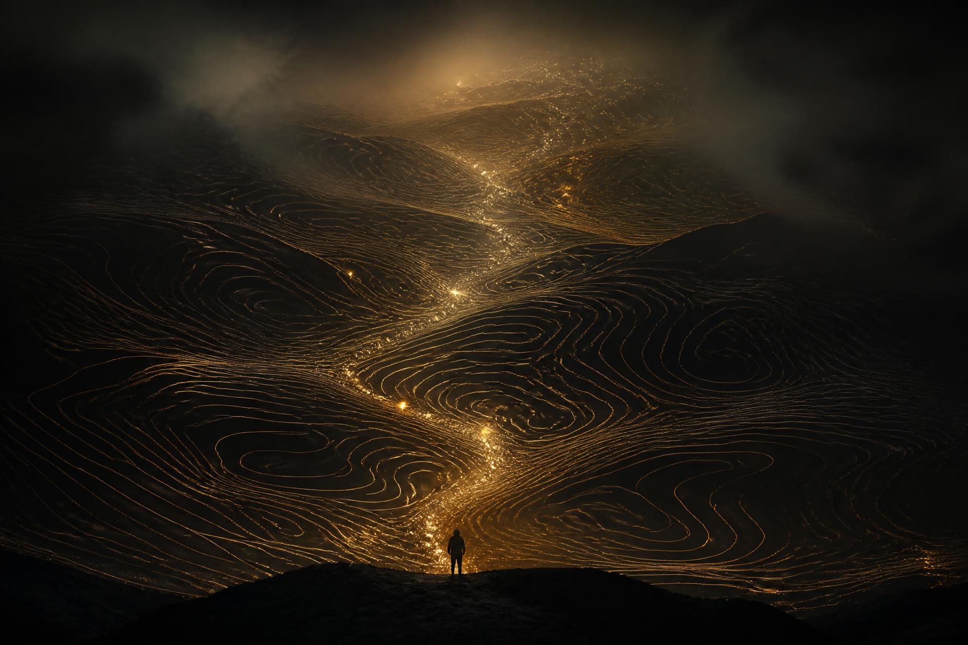 A person standing before an illuminated path of light unfolding across a vast landscape